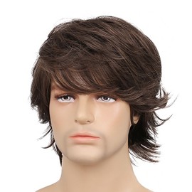 Mens Short Wig with Long Bangs Adjustable Brown Soft Simulation Synthetic Mens Straight Hair for Cosplay
