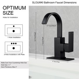 SLOUMKI Matte Black Bathroom Faucet Waterfall Faucet Bathroom Vanity with 360 Degree Swivel Spout, Single Hole Bar Sink Faucet with Hose and 6 "Deck Plate