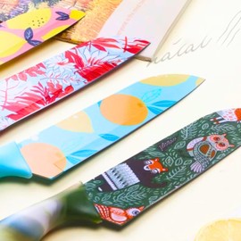 Printed Kitchen Knife Set with Blade Guards, Nonstick Ceramic Coated Stainless Steel, Colorful Utility Knives 4 PCS Sheaths for Cooking