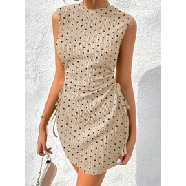 Acelitt Khaki Polka Dot Dress for Women 2025 Spring Summer Fashion Trendy Crewneck Sleeveless Side Cut Out Tank Mini Dresses Beach Vacation Outfits Medium