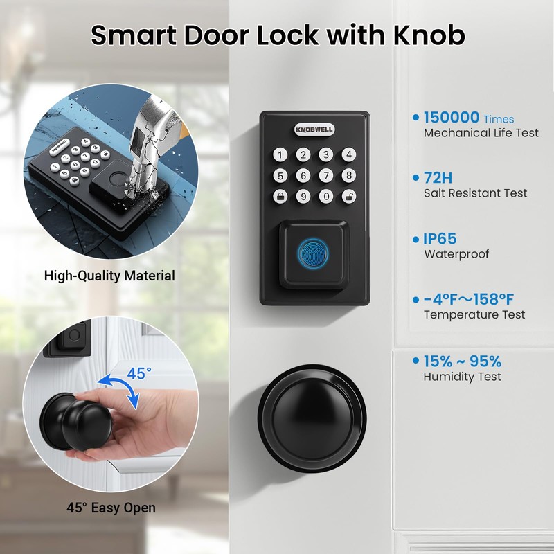 KNOBWELL Fingerprint Door Lock, Passage Door Knob, Black Keyless Entry