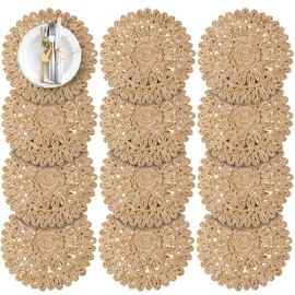 13.8" Corn Husk Woven Round Placemats Set of 12 - Wicker Boho Farmhouse Placemats - Rattan Table Mats Like Water Hyacinth for Dining Table, Wedding, Home, Christmas, Party