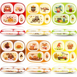 Hushee 6 Pcs 9.4 x 8.2 Inch Thanksgiving Day Theme Dinnerware Divided Plates Plastic Dinner Plates Cute Serving Dishes for School Party Gift Supplies for Pumpkin, Owl, Turkey, Dwarf, Scarecrow, Fox