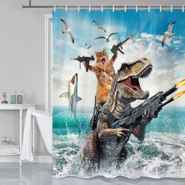 Cat Dinosaur Shower Curtains for Boys, Funny Animal Riding Dino Fighting on Blue Ocean Shower Curtain Sets with Hooks, Hilarious Kids Men Cool Bathroom Set Accessories Decor Beach Theme Curtains