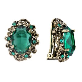 BriLove St Patricks Day Earrings Victorian Style Clip On Earrings for Women Crystal Floral Cameo Inspired Oval Earrings Emerald Color Antique-Gold-Toned