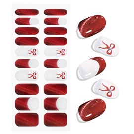 JMEOWIO Gel Nail Stickers Red Bow Cat Eye Semi Cured Gel Nail Strips Wraps UV/LED Nails Art Design Decoration Accessories
