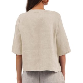 Amazhiyu Women 100% Linen Cropped Cardigan Elbow Sleeve Open Front Cardigan Flax,Medium