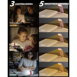HEMONNKAM Reading Book Light, Clip on Reading Light, Rechargeable Reading Light, Book Lights for Reading at Night in Bed, Reading Lights for Books in Bed, Book Reading Light Clip, Pink