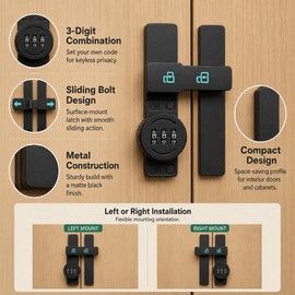 3-Digit Combination Sliding Latch Lock for Barn Doors, Cabinets and Gates – Keyless Surface-Mount, Black
