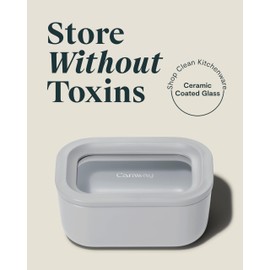 Caraway Mini Rectangle Food Storage Container - 2.6 Cup Glass Storage Container for Food - Non-Toxic Ceramic-Coated Glass - Air Release Technology - Compact & Stackable Design - Gray