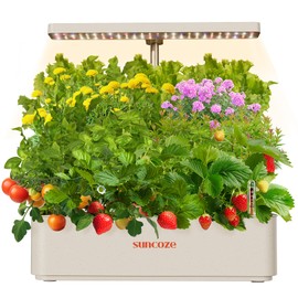 SUNCOZE Hydroponics Growing System Kit 12 Pods, 24W LED Grow Light Indoor Garden, 4L Water Tank with Quiet Pump, Adjustable Height Herb Garden Planter Indoor Kit, Gardening Gifts, Beige