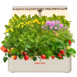 SUNCOZE Hydroponics Growing System Kit 12 Pods, 24W LED Grow Light Indoor Garden, 4L Water Tank with Quiet Pump, Adjustable Height Herb Garden Planter Indoor Kit, Gardening Gifts, Beige
