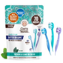 GuruNanda Ready-to-Go Disposable Mini Travel Toothbrushes - Butter on Gums Softex Bristles, Pre-Pasted Toothbrush & Toothpick - Fluoride-Free, No Rinsing Needed, 70 Ct