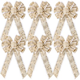 Unittype 6 Pcs Large Christmas Bow with Snowflake 10 x 20" Velvet Wired Ribbon Bows Christmas Tree Topper Bow Xmas Craft Bows for Wreath Christmas Party Indoor Outdoor Home Decoration (Linen Color)