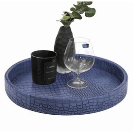 HofferRuffer Faux Leather Round Serving Tray, Vegan Croco Leather Decorative Tray, Food Tray for Storage Drinks, Snack & Cosmetics, Dia.12'' x 1.6'' (Blue)