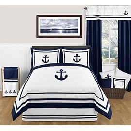 Sweet Jojo Designs Navy and White Queen Bed Skirt for Anchors Away Nautical Boys Bedding Sets