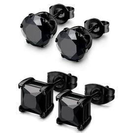 BESTEEL 2 Pairs Hypoallergenic Cubic Zirconia Black Stud Earrings for Men Women 316L Stainless Steel Square Round CZ Mens Earrings Studs Jewelry Set for Sensitive Ears 3-8MM Black 6mm