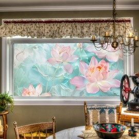 HOMETITUTE Stained Glass Window Film 39.3×17.7 Inchs Lotus Window Privacy Film Flowers Glass Decorations Anti-UV Sun Blocker Heat Control Removable Static Cling Stickers for Living Room