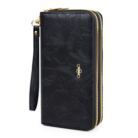 AdiStylinno Wallet Women, Large Capacity Double Zip Clutch Wallets for Women PU Leather Credit Card Holder with Wrist Strap (Black)