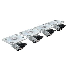 Krowne 28-109S Ultra Low Profile Plate Caster Set of 4, 1" Wheels, 200 lbs Capacity, Raises Equipment 2", Grease-Resistant with Front Brakes, Fits 3-1/2" x 3-1/2" Plate, Universal Hole Pattern