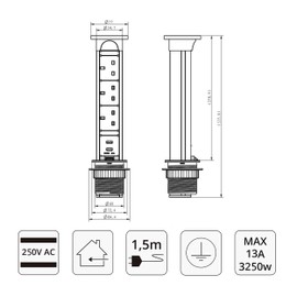 Elbe Inno Pop up Socket 3 Way with 2 USB, Waterproof Cover Charger Extension Lead Pull up Socket worktop Socket Desktop Power Chrome lid 1.5 m Extension Cord,Suit for Kitchen worktop Office