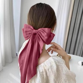 Big Pink Satin Hair Bows - Large Long Tail Bow Clips for Women & Girls - Hair Accessories