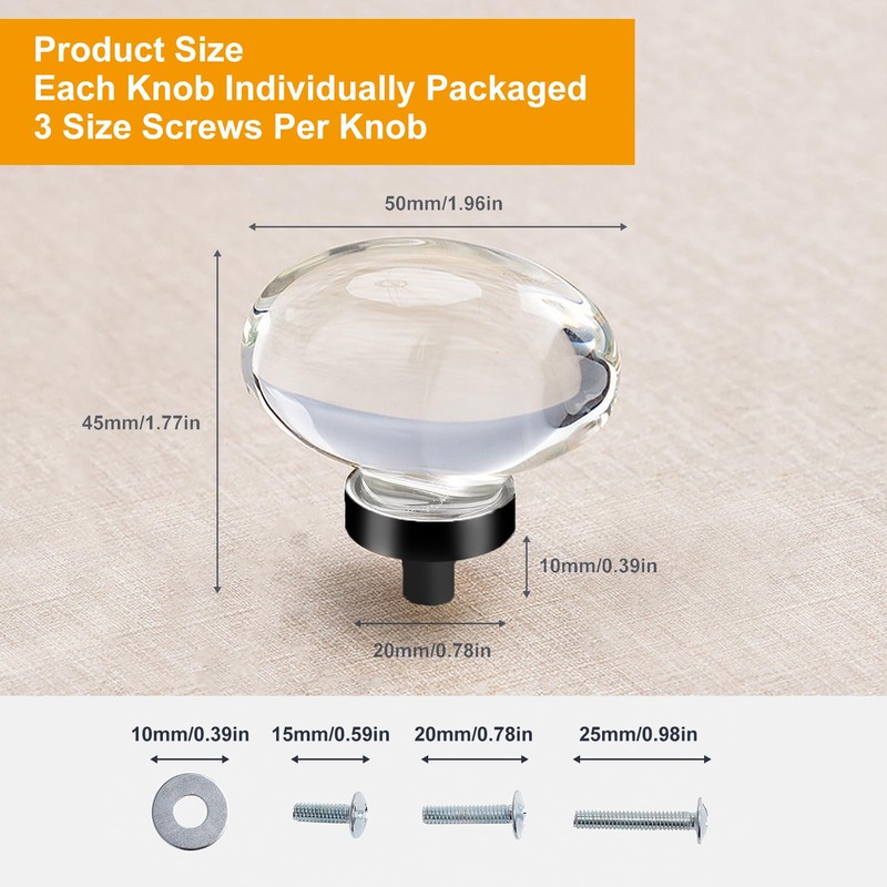 CLCTK 4 Pack Glass Cabinet Knobs and Pulls, Oval Crystal