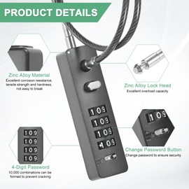 M METERXITY Gate Locks for Outdoor Fence, 11.81IN Heavy Steel Cable Rope Keyless 4-Digit Combination Lock for Gate/Cabinet/Snowboard/Bike/Locker, Resettable Code Security Cable [Gun Color]