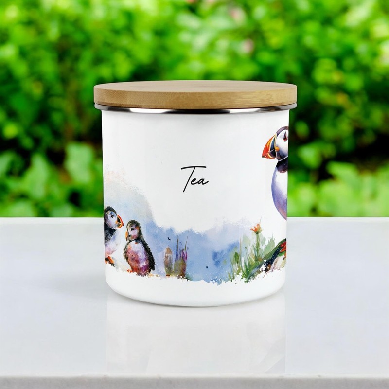 Puffins on the Rocks Tea Storage Canister - Coastal Sea