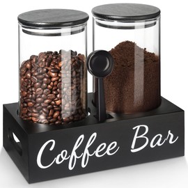 GMISUN Coffee Container, 2 Pcs 50 Fl oz Airtight Bean Storage Canister, Black Glass Ground Coffee and Sugar Jar Set with Scoop/Shelf/Labels, Sugar/Tea Holder Containers for Cafe Bar Countertop