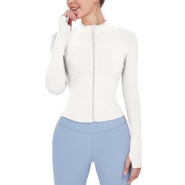 Locachy Women's Lightweight Stretchy Workout Full Zip Running Track Jacket with Thumb Holes White M
