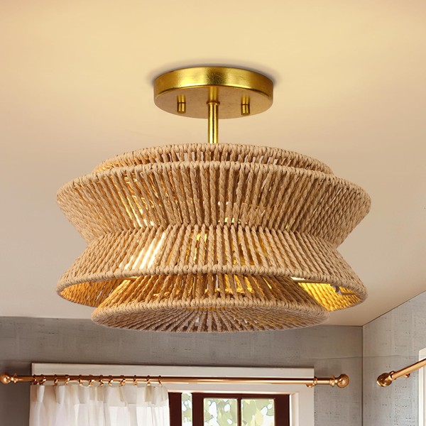 Boho Light Fixture,Farmhouse Semi Flush Mount Ceiling Light Fixture,Rattan Light