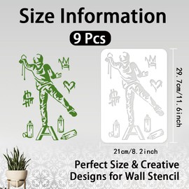 INFUNLY 9pcs Banksy Wall Stencil Set 11.6X8.2 Reusable Street Draffiti Stencil for Painting Banksy Style Pattern Art Stencil for Drawing on Wall Tile Canvas Furniture Paper