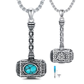 SIMONLY Thors Hammer Necklace 925 Sterling Silver Mjolnir Turquoise Necklace Urn Pendant for Ashes Viking Cremation Jewelry for Men Women