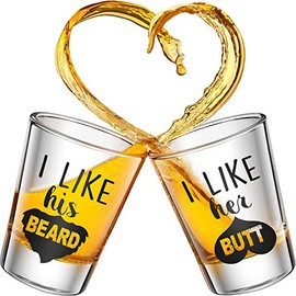 Patelai 2 Pieces I Like His Beard I Like Her Butt Shot Glasses 2 oz Funny Wedding Wine Glasses for Newlyweds and Couples to Celebrate Wedding Engagement Anniversary Bridal Shower Decorations