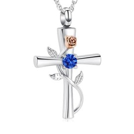 Cross Urn Necklace for Ashes Birthstone Rose Flower Cremation Jewelry for Women Gilrs Keepsake Memorial Ashes Pendant