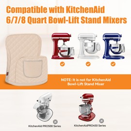 Stand Mixer Cover Compatible with KitchenAid 6/7/8 Quart Bowl-Lift Mixer, Quilted Waterproof Appliance Dust Protector with Storage Pocket(Gery)