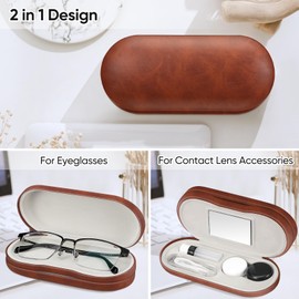 Fintie 2 in 1 Contact Lens Case and Eyeglasses Case, Double Sided Portable Eyeglasses Travel Holder with Built-in Mirror, Tweezer and Contact Lens Solution Bottle Included (vintage brown)