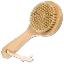 Dry Bath Body Brush with Short Handle, Natural Bristles Back Scrubber, Anti-Slip Wooden Handle for Exfoliation, Blood Circulation, and Cellulite Reduction