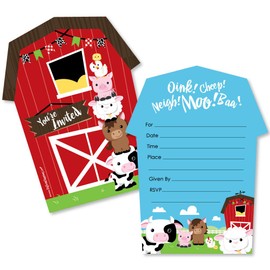 Farm Animals - Shaped Fill-In Invitations - Baby Shower or Birthday Party Invitation Cards with Envelopes - Set of 12