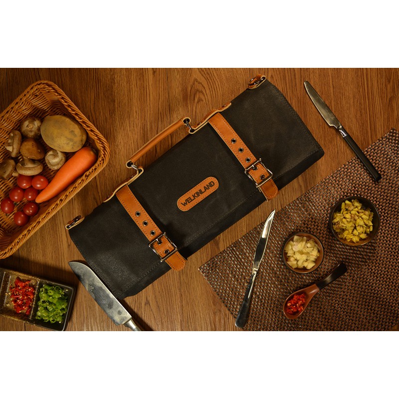 WELKINLAND 14-Pockets Knife Roll, Waxed Canvas Leather Knife Roll, Knifes