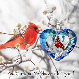 POPKIMI Red Cardinal Necklace S925 Sterling Silver Heart Crystal Cardinal Jewelry Red Bird Memorial Red Cardinal Tree Pendant Jewelry Gift for Women Girls, Metal, Cubic Zirconia