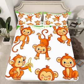 Feelyou Kids Cute Monkeys Bed Sheet Set Cartoon Monkey Banana Decor Bed Sheets for Kids Boys Girls Wild Animal Pattern Bedding Set Natural Wildlife Fitted Sheet Bedroom Collection 3Pcs Queen Size