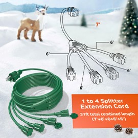 Eversimpleinc 1 to 4 Splitter Extension Cord (Combined 31 FT, End to End 13 FT), 3 Prong Plug with 4 Extended Outlets, with Weatherproof Covers for Indoor