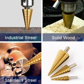 Surplex 3 pcs HSS Step Cone Drill Bits, Titanium Coated, 4-12/4-20/4-32 mm All-in-One High Speed Steel Step Drill Bits Set for Wood, Sheet Metal, PVC and Thin Metals