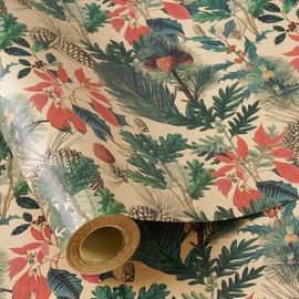 RUSPEPA Kraft Christmas Wrapping Paper Roll, Mini Roll, Watercolor Winter Botanical Design with Pinecones, Holly and Poinsettia, Kraft Gift Wrap for Xmas Holiday, Winter Party, 17 Inches x 16.4 Feet