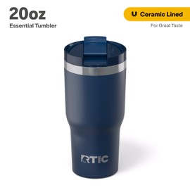 RTIC 20oz Essential Tumbler with Lid, Ceramic Lined, Insulated, Stainless Steel, Metal, Double Wall Vacuum-Insulation, Travel Cup for Iced Coffee, Tea, Hot and Cold Drink, Navy