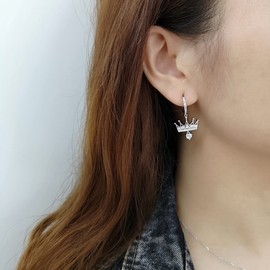 925 Sterling Silver Cubic Zirconia Princess Crown Dangle Huggie Hoop Earrings