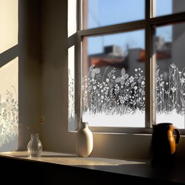 ChicSkin Pure White Frosted Privacy Window Border Film, See Through Floral Window Stickers for Glass Decor, Meadow and Butterflies Glass Clings 59.06"X15.35"