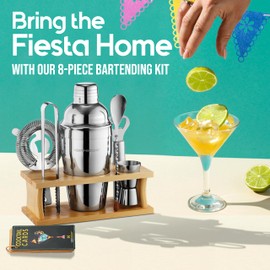 Modern Mixology Bartender Kit - 8-Piece Cocktail Shaker Set with Wood Stand, Recipe Cards, and Bar Accessories Ideas (Silver)